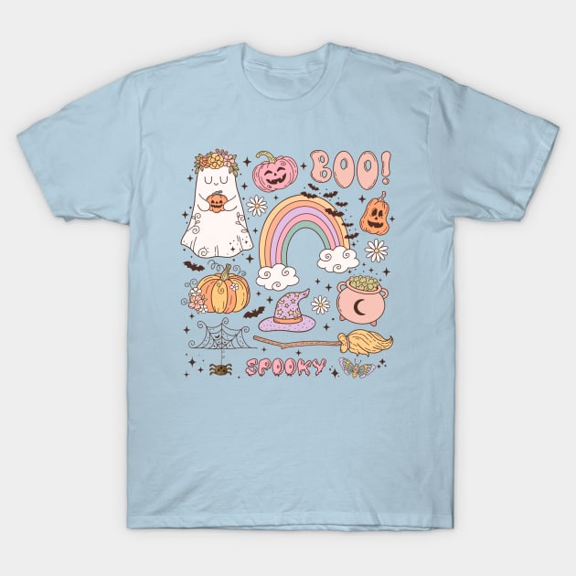 Retro Cute Groovy Halloween Ghost Hippie T-Shirt by Hypnotic Highs